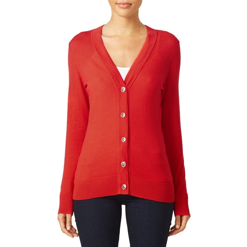 Tory Burch Red Simone Cardigan 100% Merino Wool Size Medium